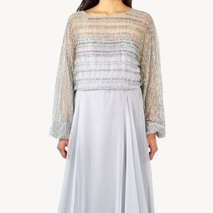 Bill Tice for Malcolm Starr Long Sleeve Sheer Beaded Gown Formal Grey periwinkle